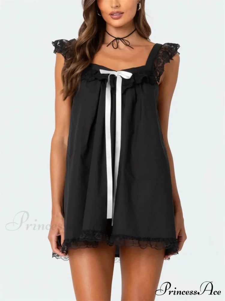 Lace Ribbon Decorated Mini Dress Black / S minidress-250223