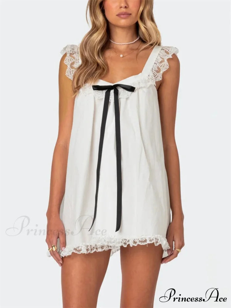 Lace Ribbon Decorated Mini Dress WHITE / S minidress-250223
