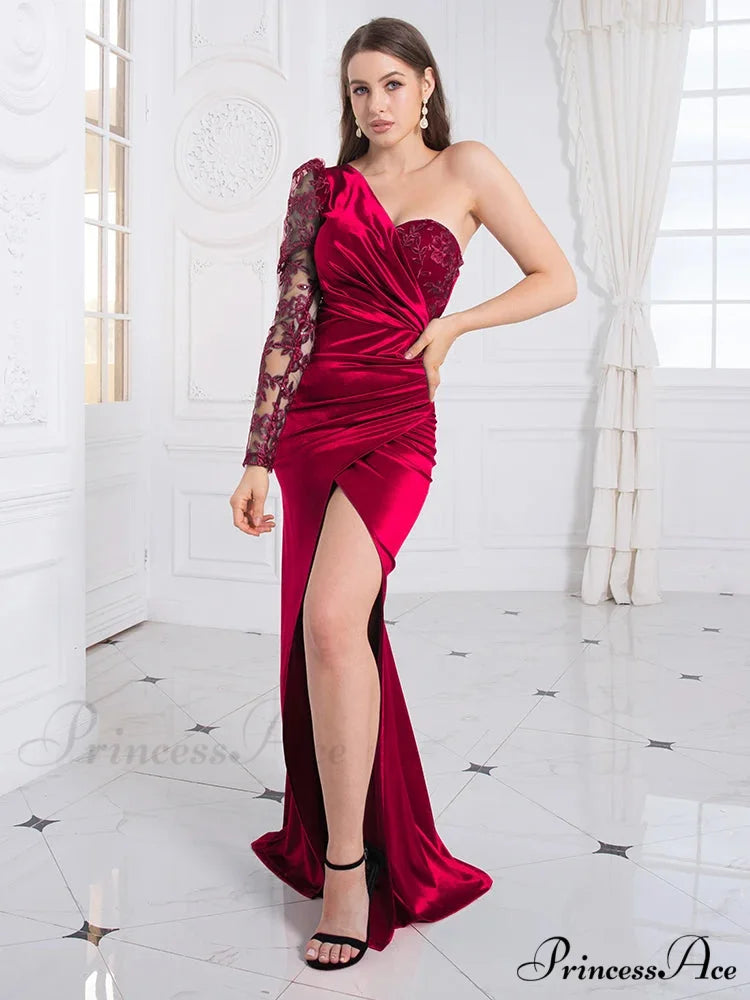 Lace Sequined Satin Party Dress Burgundy / S
