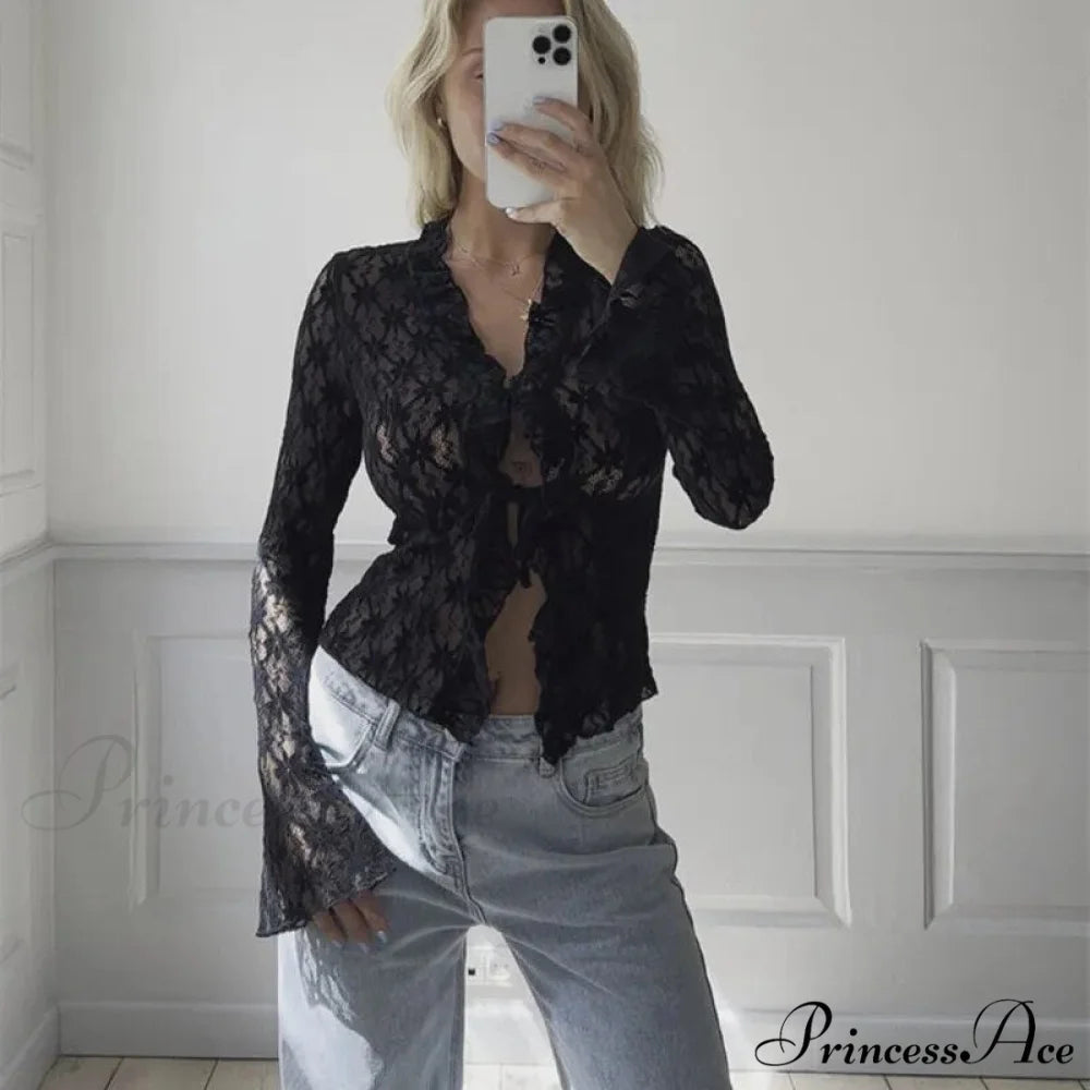 Lace Sheer Floral Flare Graceful Long Sleeve Front Tie Top