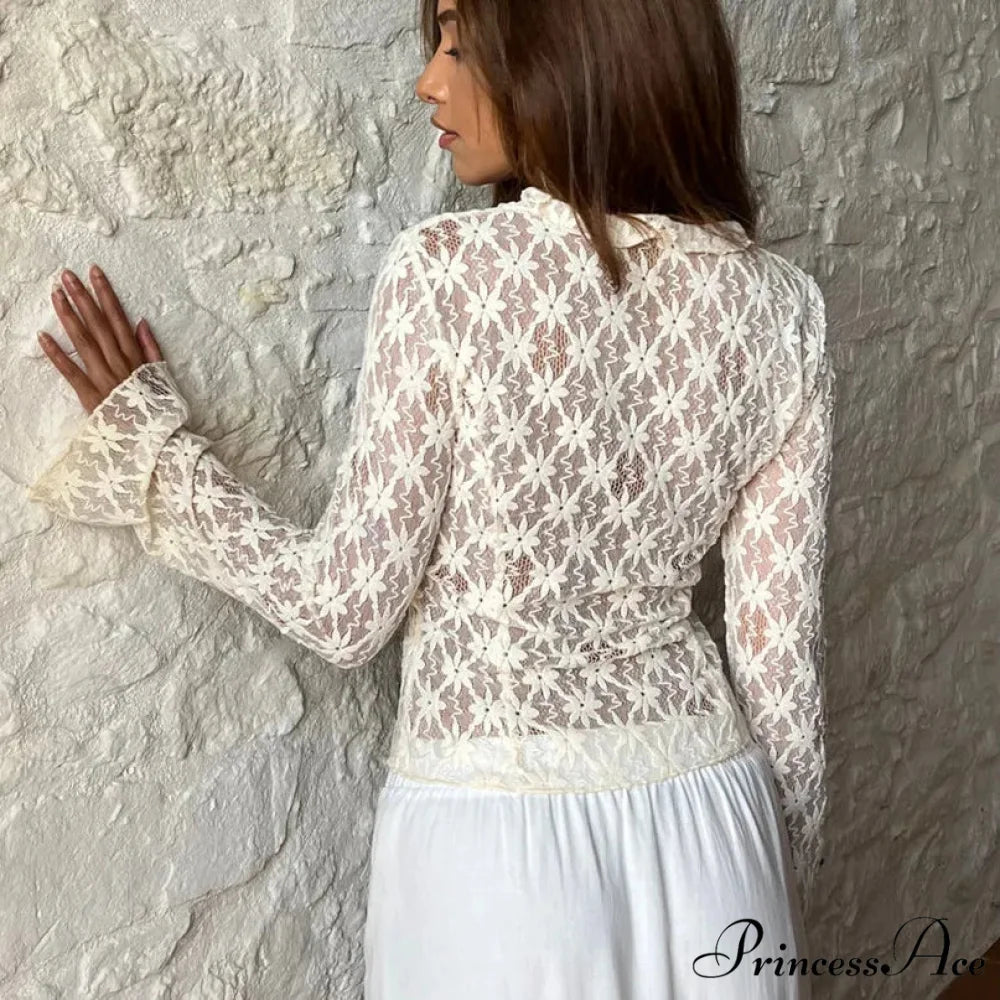 Lace Sheer Floral Flare Graceful Long Sleeve Front Tie Top