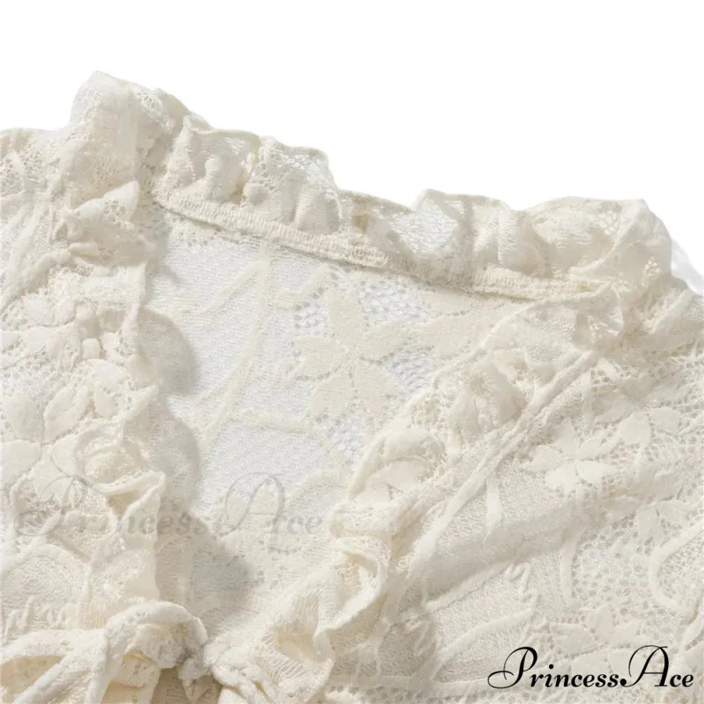 Lace Sheer Floral Flare Graceful Long Sleeve Front Tie Top