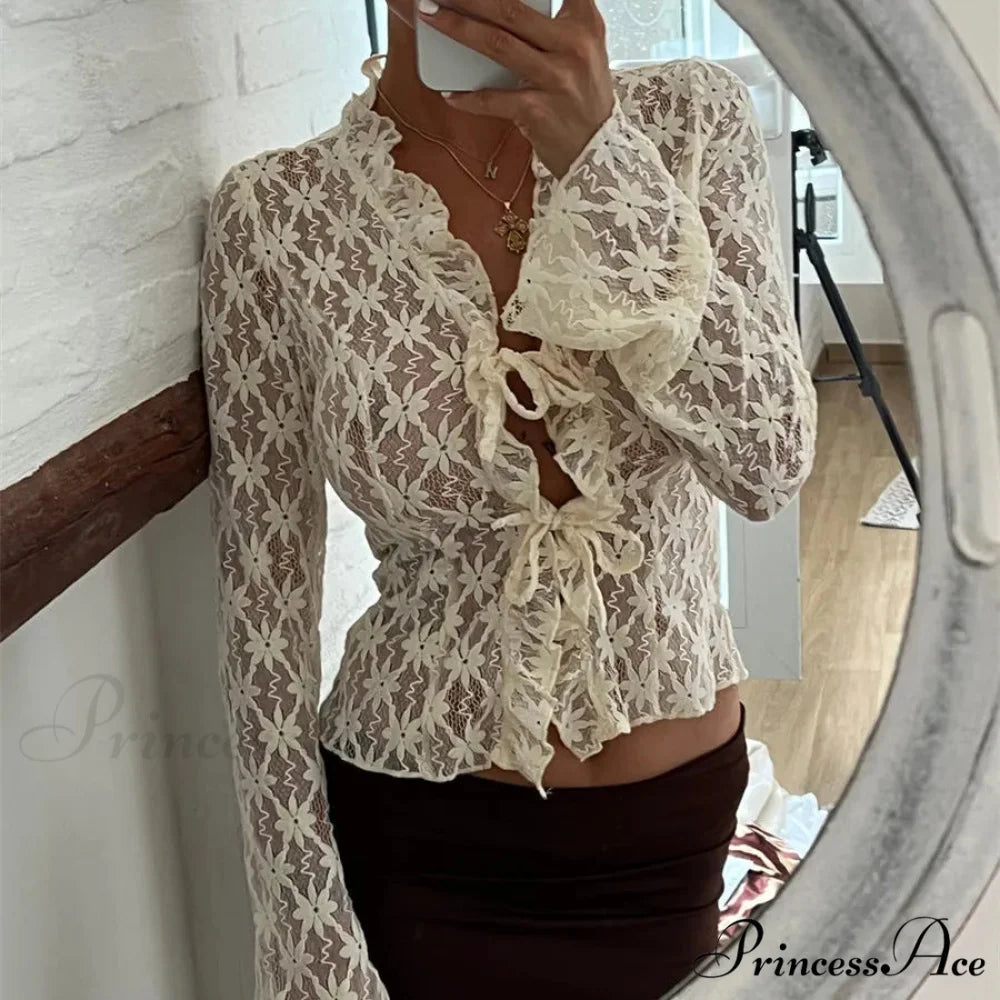 Lace Sheer Floral Flare Graceful Long Sleeve Front Tie Top