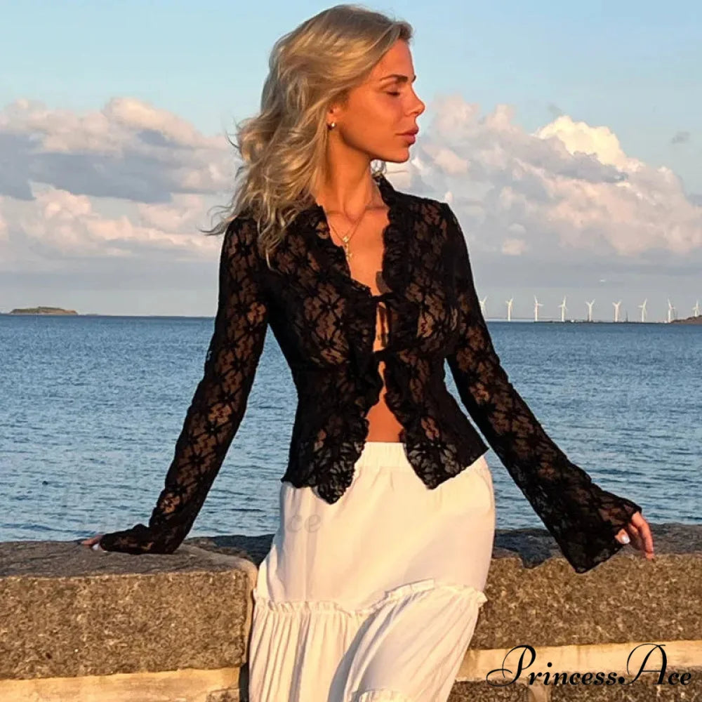Lace Sheer Floral Flare Graceful Long Sleeve Front Tie Top