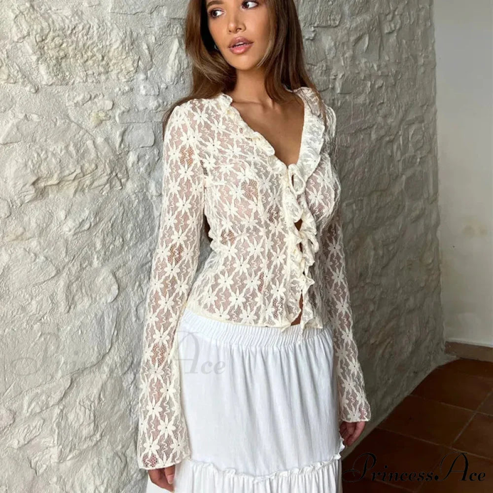 Lace Sheer Floral Flare Graceful Long Sleeve Front Tie Top