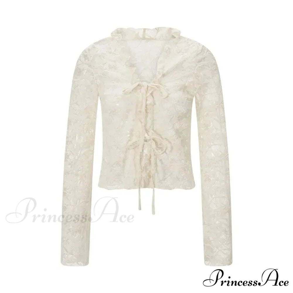 Lace Sheer Floral Flare Graceful Long Sleeve Front Tie Top