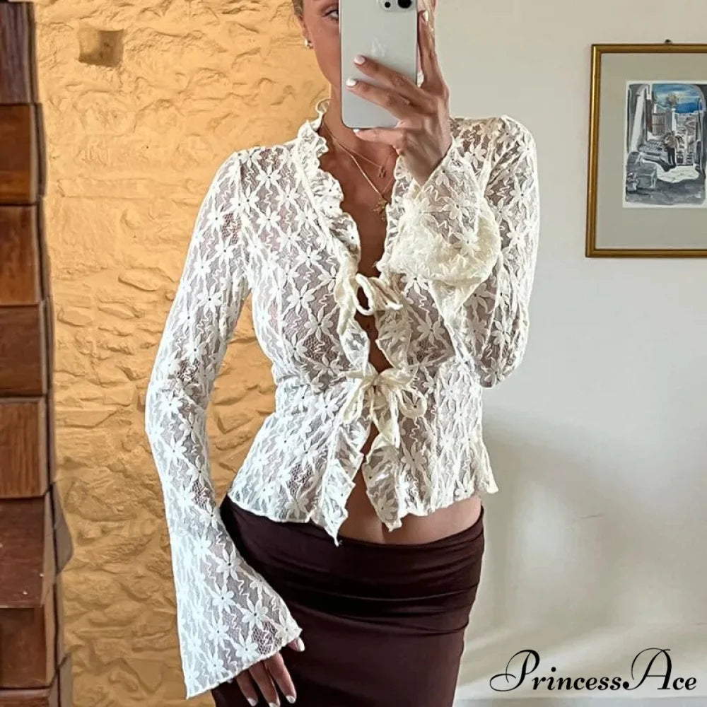 Lace Sheer Floral Flare Graceful Long Sleeve Front Tie Top White / S