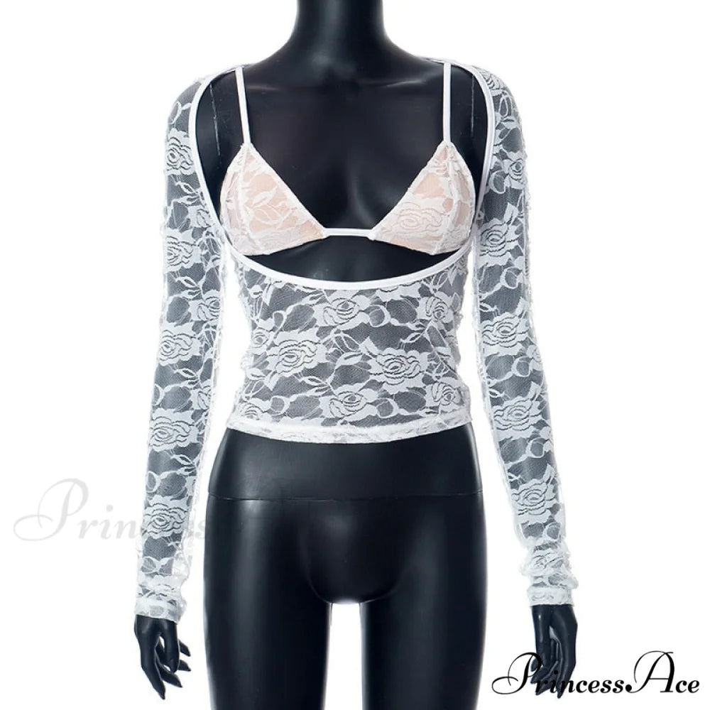 Lace Sheer Long Sleeve Graceful Cut Out Bralette Top