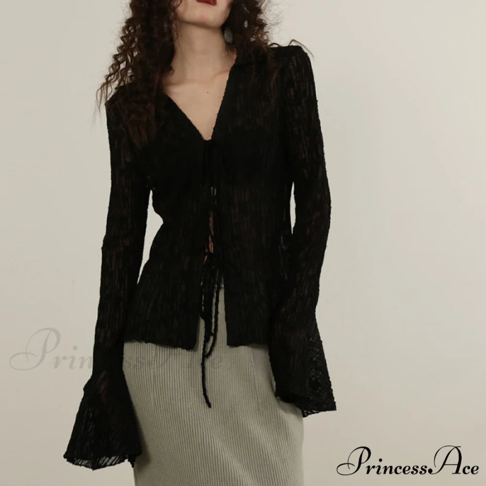 Lace Shirts Long Arm Slim Harajuku Transparent Blouse Korean Women Black Goth Fashion Aesthetic Black / S