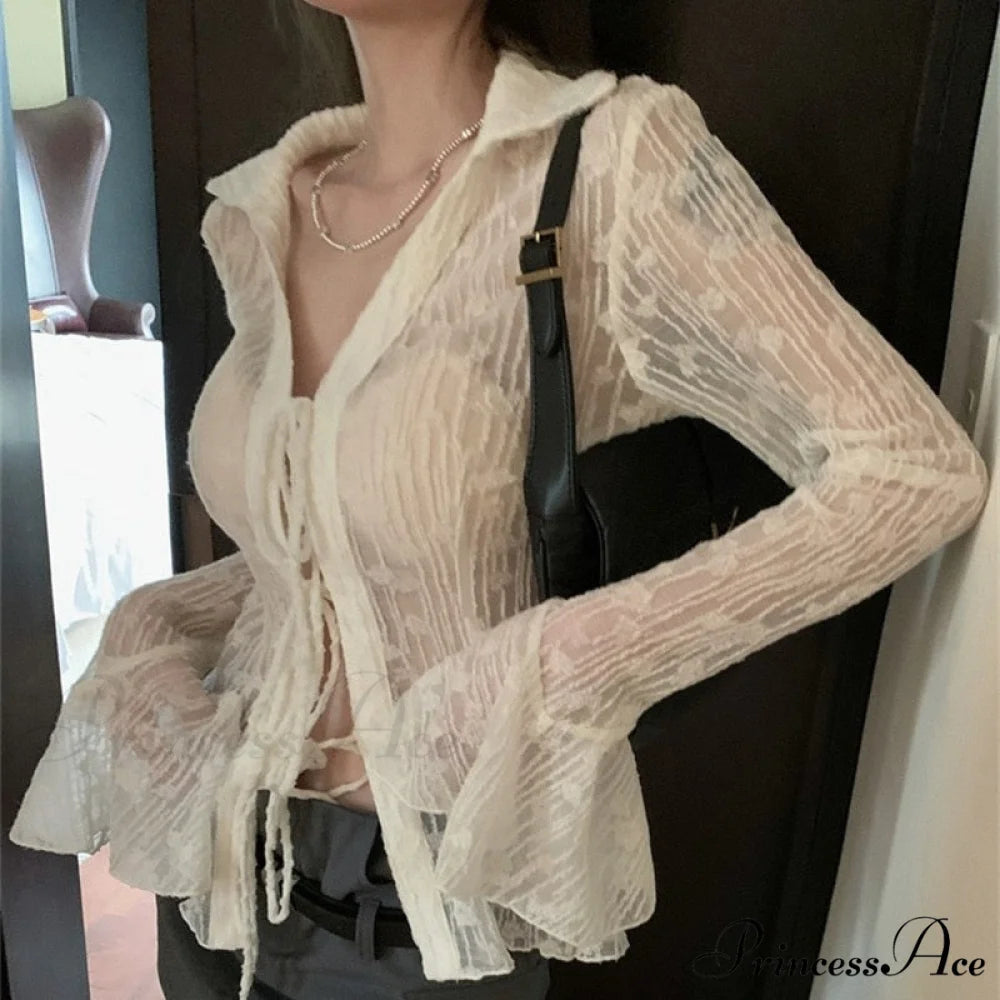 Lace Shirts Long Arm Slim Harajuku Transparent Blouse Korean Women Black Goth Fashion Aesthetic White / S