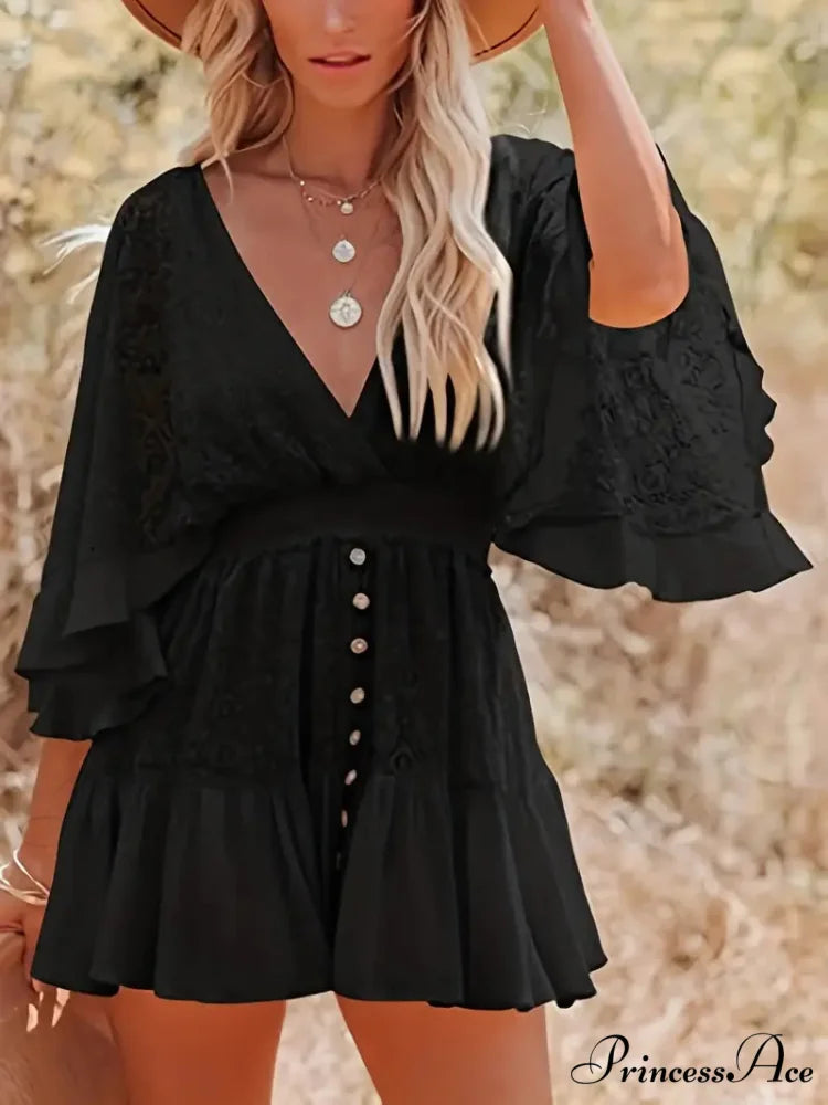 Lace Short Mini Summer Dress with Bat Sleeve S / Blue