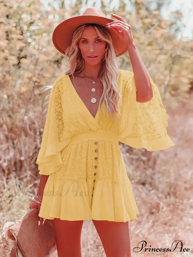 Lace Short Mini Summer Dress with Bat Sleeve S / Pink