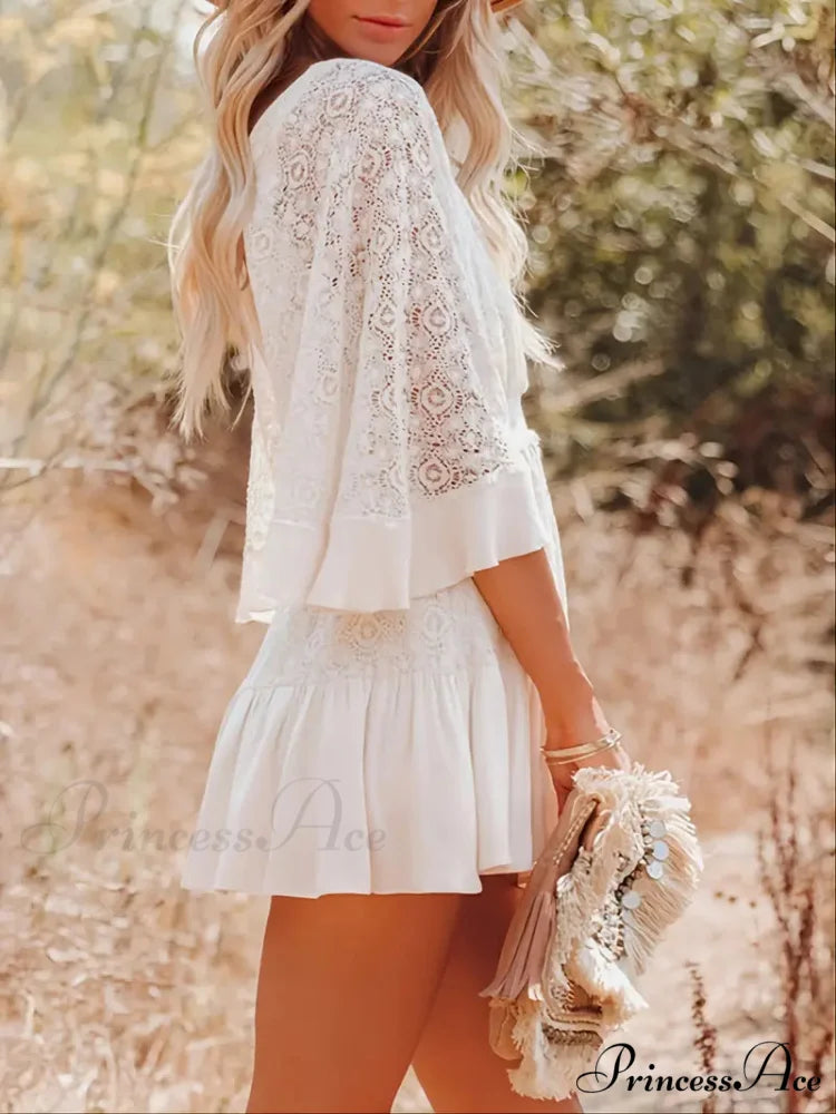 Lace Short Mini Summer Dress with Bat Sleeve S / Yellow