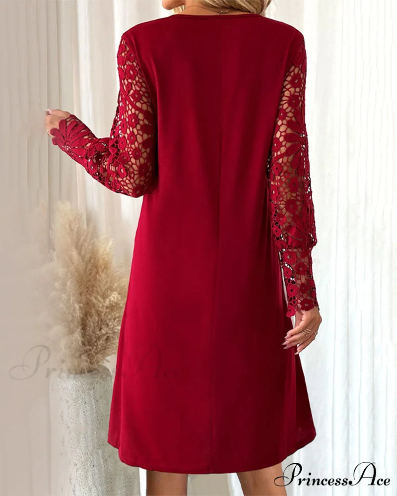 Lace Sleeve Dress with Pleated Detail