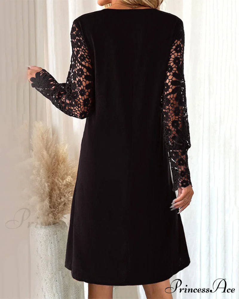 Lace Sleeve Dress with Pleated Detail