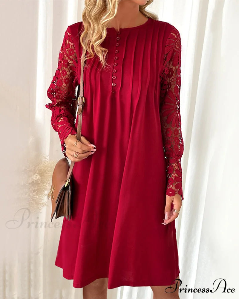 Lace Sleeve Dress with Pleated Detail