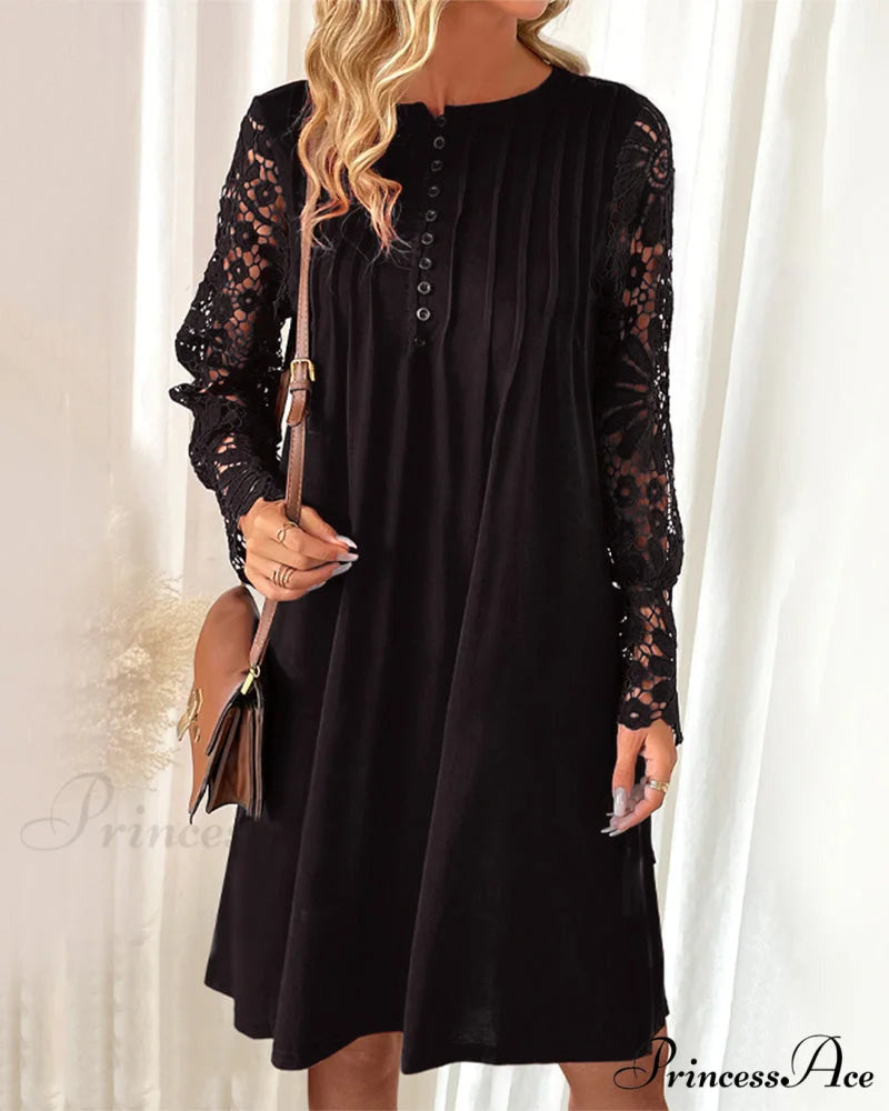 Lace Sleeve Dress with Pleated Detail