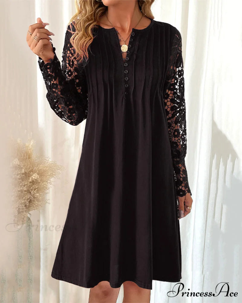 Lace Sleeve Dress with Pleated Detail Black / S