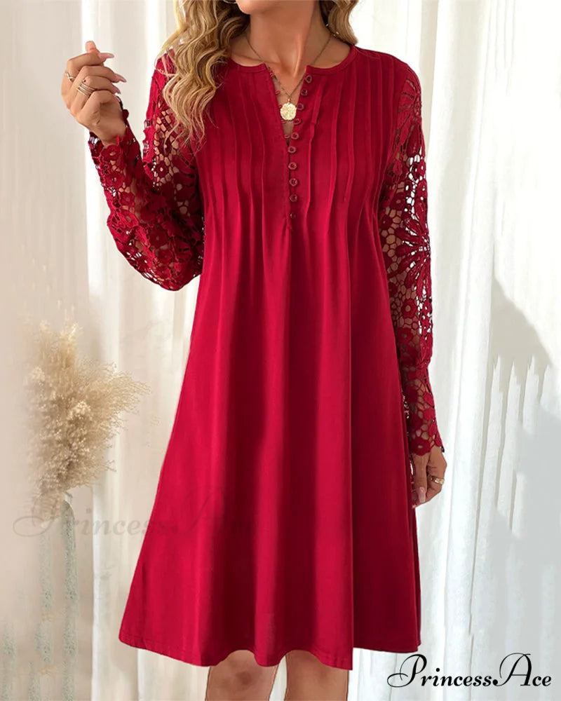 Lace Sleeve Dress with Pleated Detail Red / S