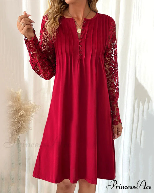 Lace Sleeve Dress with Pleated Detail Red / S