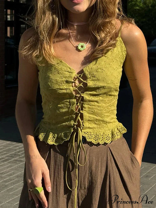 Lace Sleeveless V-neck Criss-cross Tie-up Crop Top GREEN / S croptop-250126