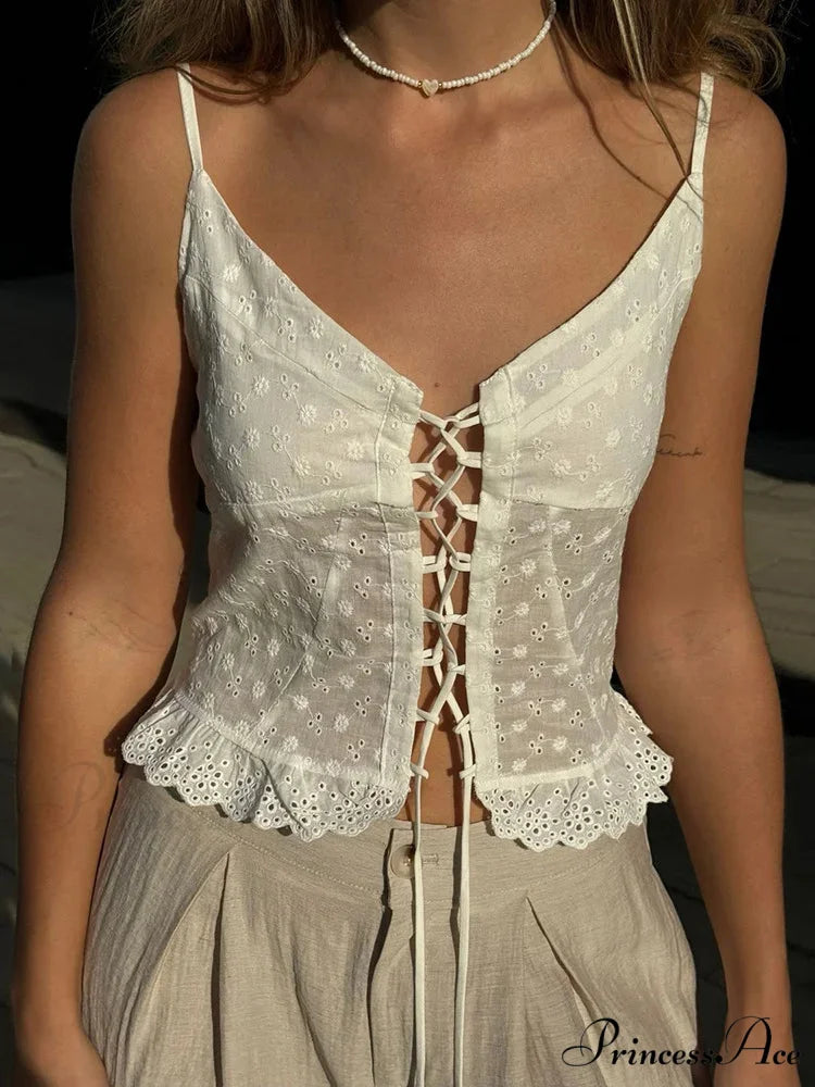 Lace Sleeveless V-neck Criss-cross Tie-up Crop Top WHITE / S croptop-250126