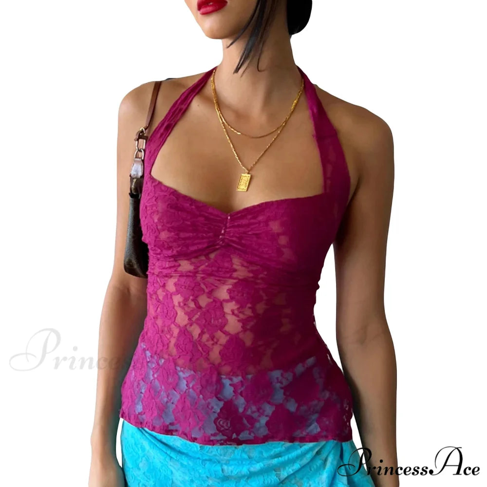 Lace Solid Chic Basic Casual Slim Fit Summer Stylish Elegant Crop Top RED / S