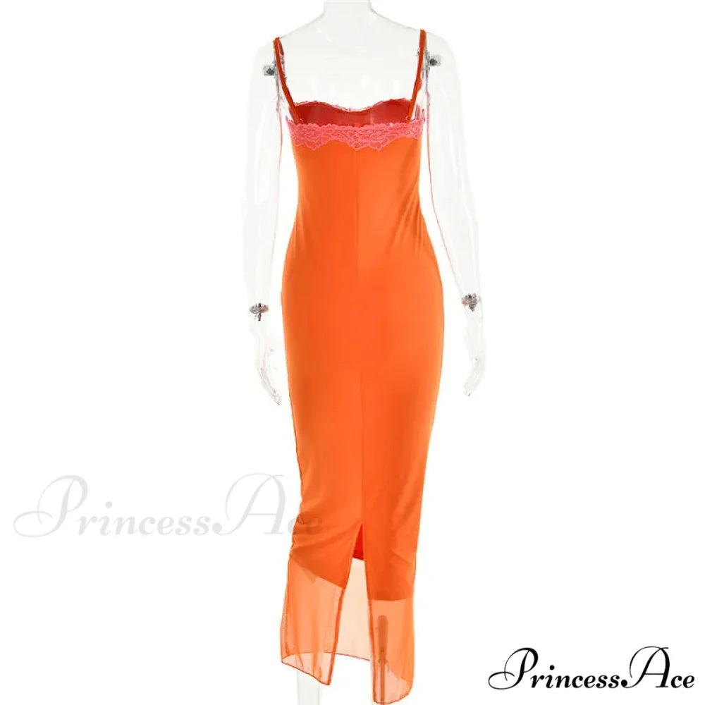 Lace Spaghetti Strap Charming Mesh Midi Dress