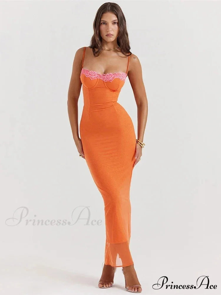 Lace Spaghetti Strap Charming Mesh Midi Dress Orange / M
