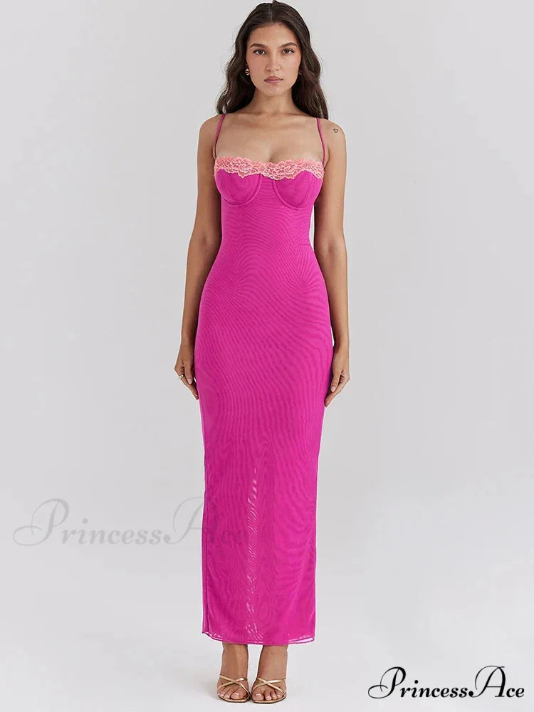 Lace Spaghetti Strap Charming Mesh Midi Dress Rose Pink / M