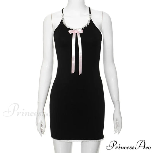 Lace Splice Bow Bandage Backless Black Bodycon Party Mini Dress Black / S