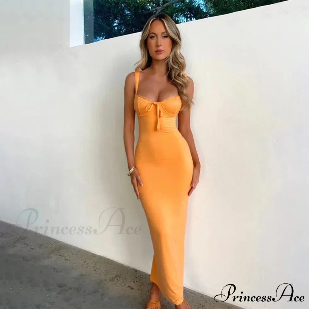 Lace Spliced Backless Elegant Tie Front Gown Slit Summer Vestidos Midi Dress Orange / S