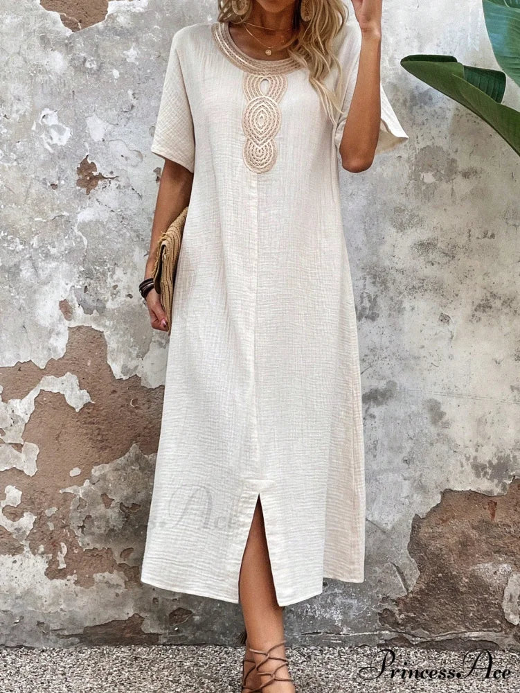 Lace Split Hem Tunic Dress Beige / S