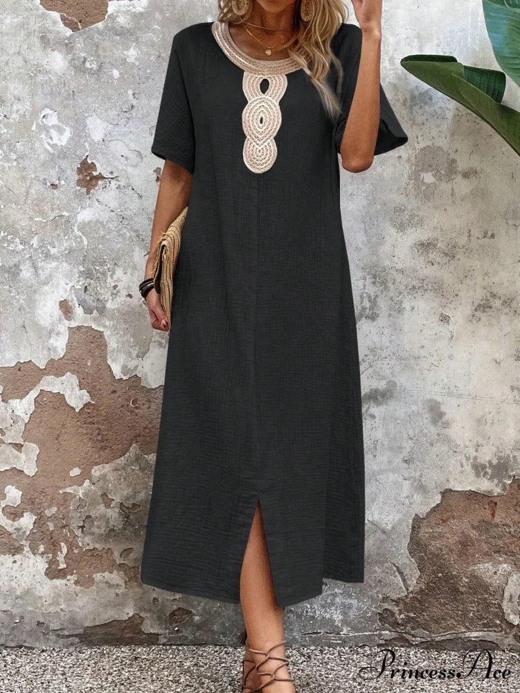 Lace Split Hem Tunic Dress Black / S
