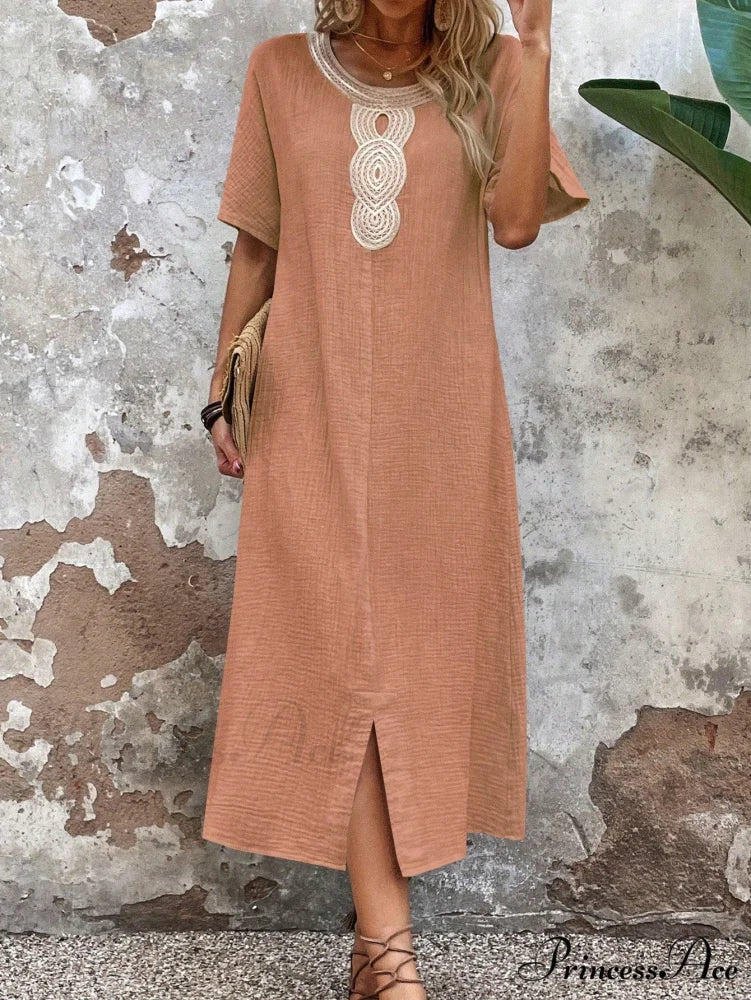 Lace Split Hem Tunic Dress Coral Orange / S