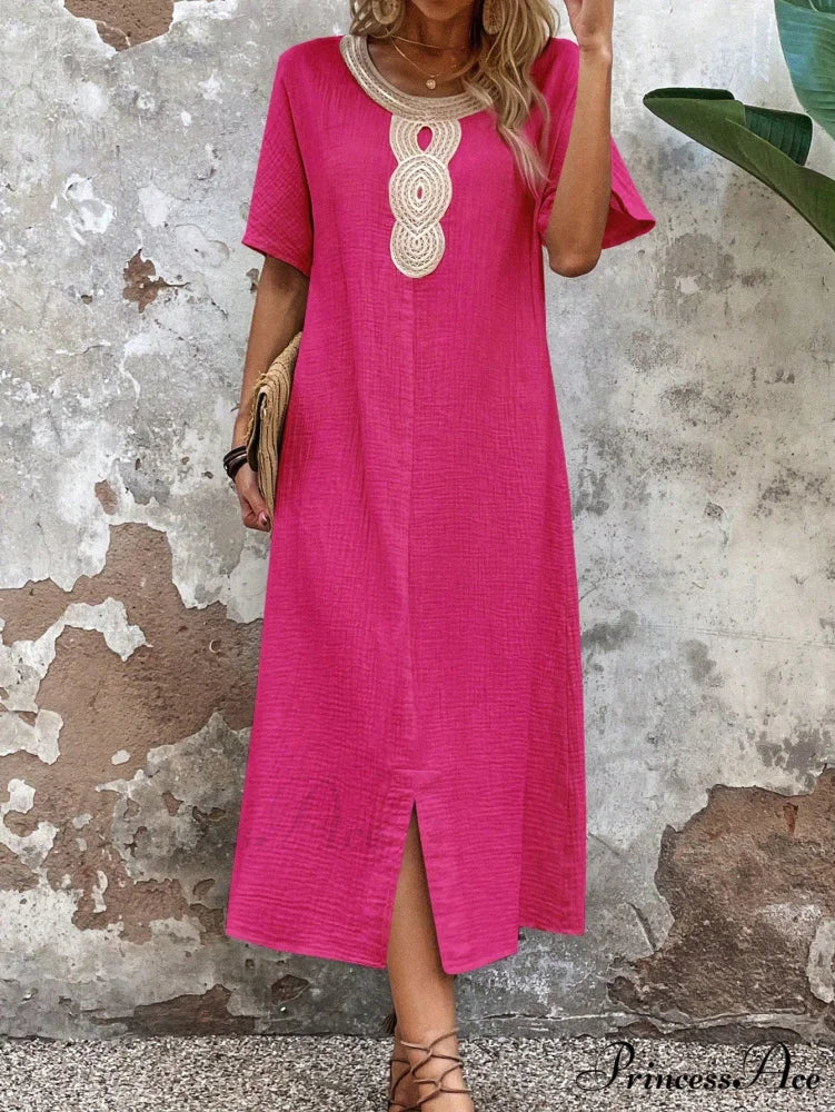 Lace Split Hem Tunic Dress Hot Pink / S
