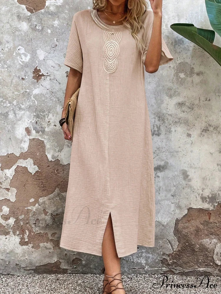 Lace Split Hem Tunic Dress Khaki / S
