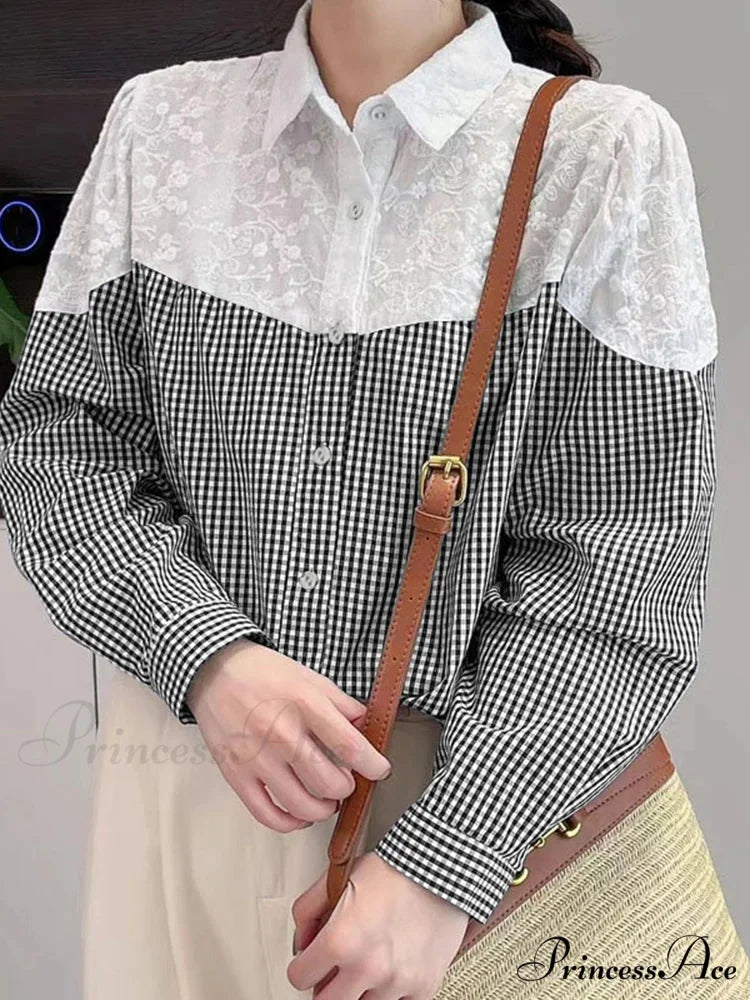 Lace Stitching Checkered Long Sleeve Top Bohemian Top Black / S blouse-250126