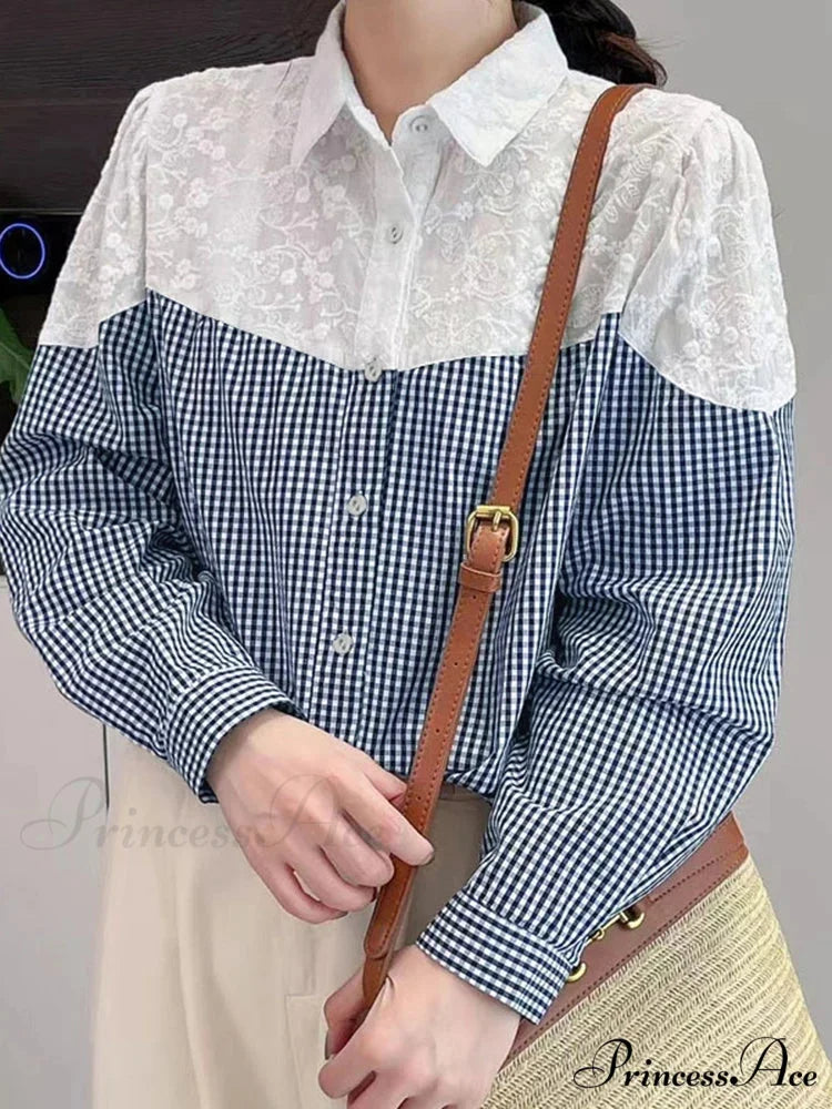 Lace Stitching Checkered Long Sleeve Top Bohemian Top Blue / S blouse-250126