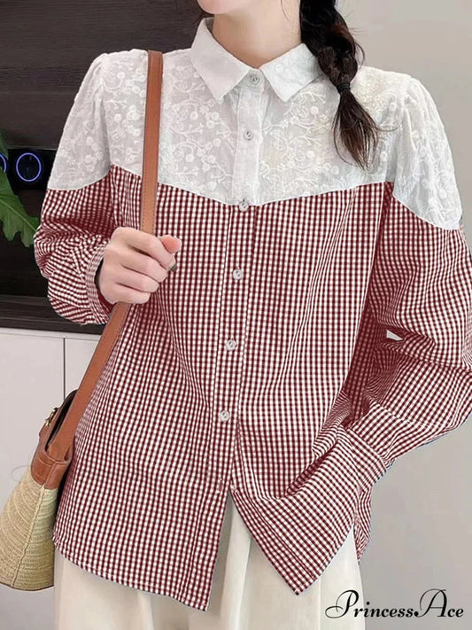 Lace Stitching Checkered Long Sleeve Top Bohemian Top Wine Red / S blouse-250126