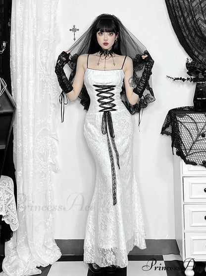 Lace Stitching Sling Retro Backless Lace Up Front Sexy Grunge E Girl Bodycon Slim Dress