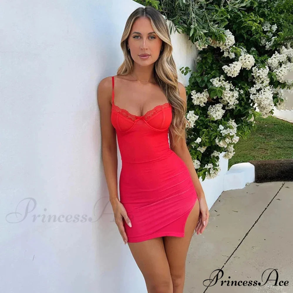 Lace Strapless Sleek Bodycon Holiday Dress Red / S vacationdress-250223