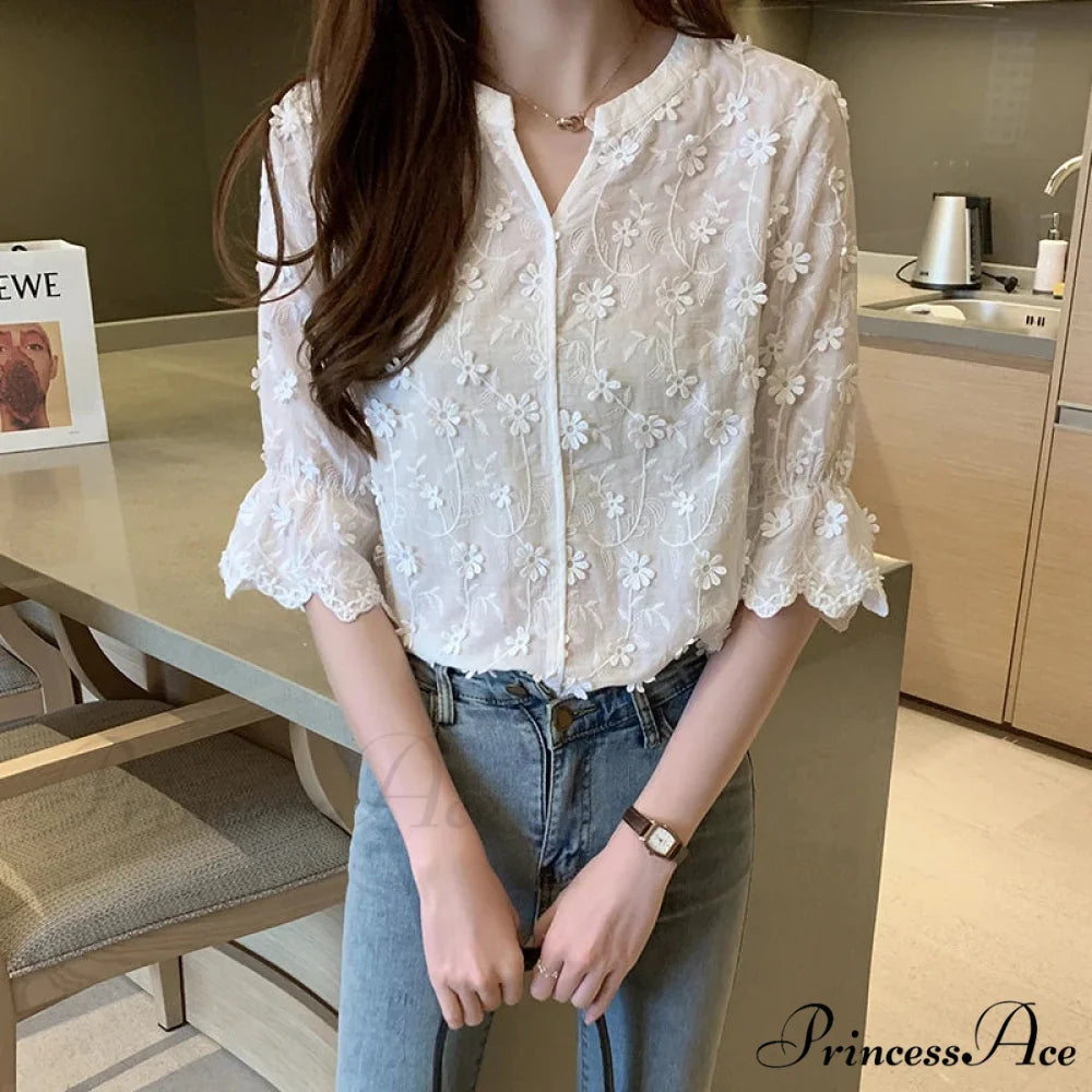 Lace Summer Cotton White Blouse blouse-250126