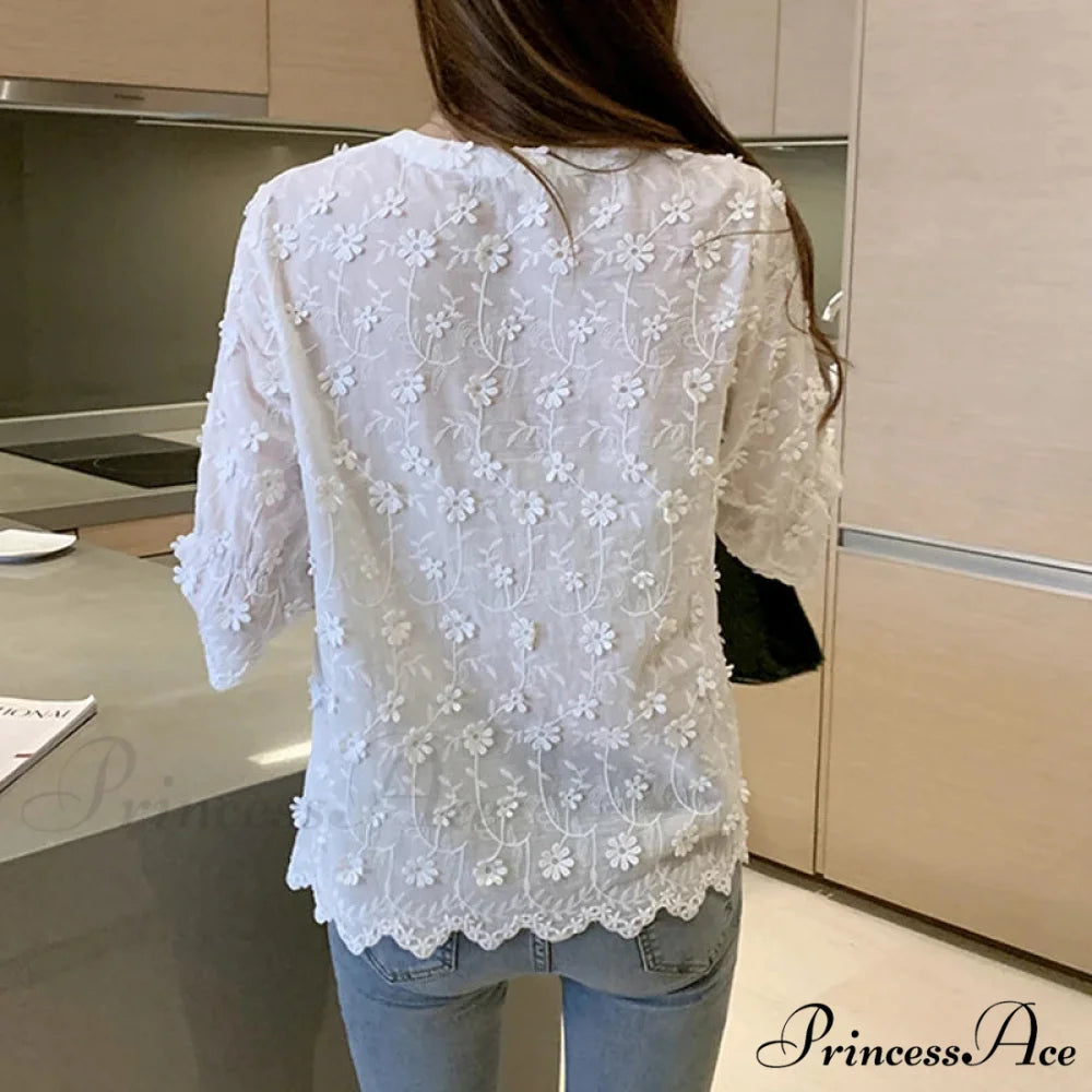 Lace Summer Cotton White Blouse blouse-250126