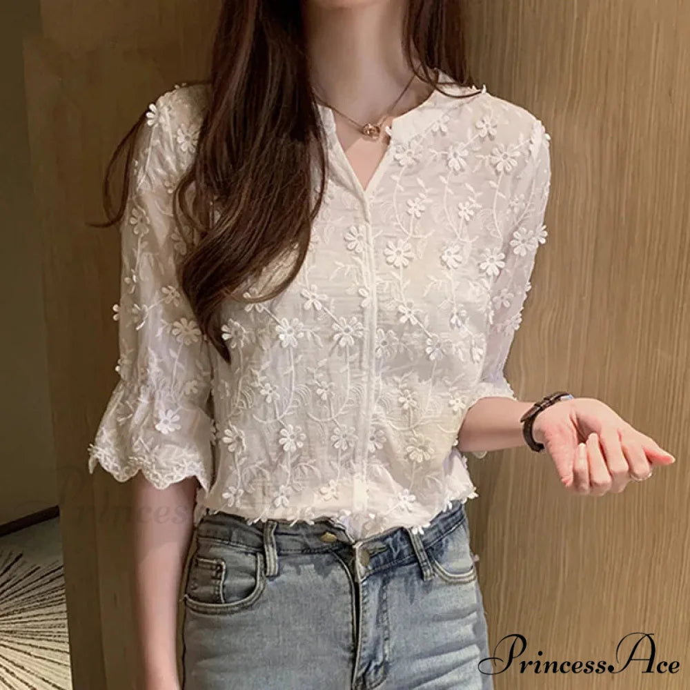 Lace Summer Cotton White Blouse blouse-250126