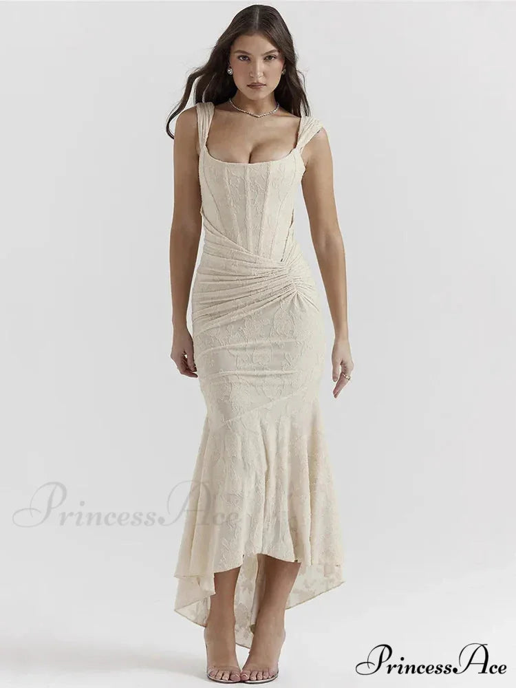 Lace Textured Strap Charming Wrap Midi Dress S / Apricot