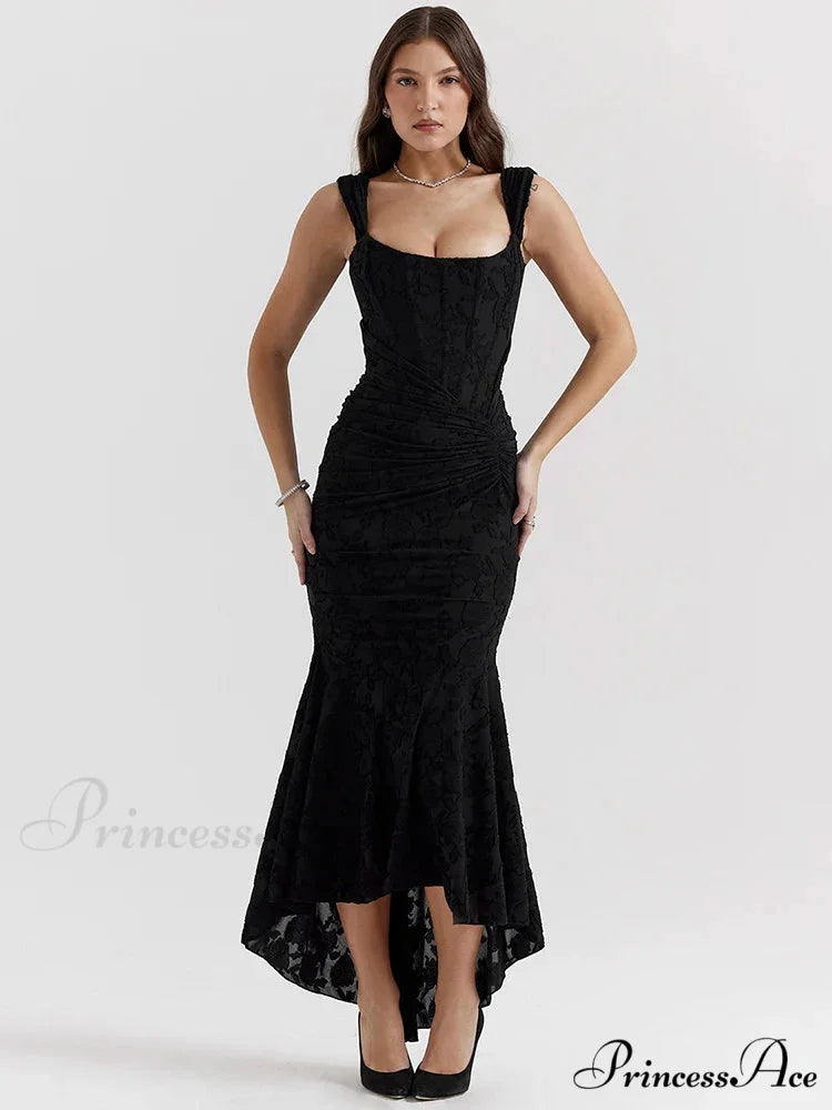 Lace Textured Strap Charming Wrap Midi Dress S / Black