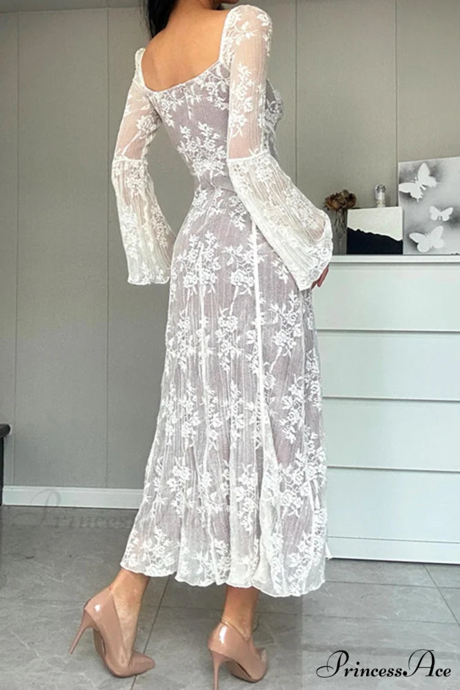Lace Tie-up Flares Sleeve Midi Dress