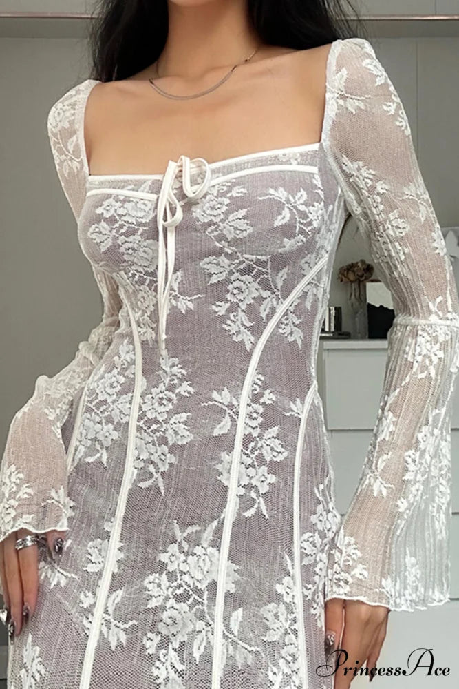 Lace Tie-up Flares Sleeve Midi Dress White / L