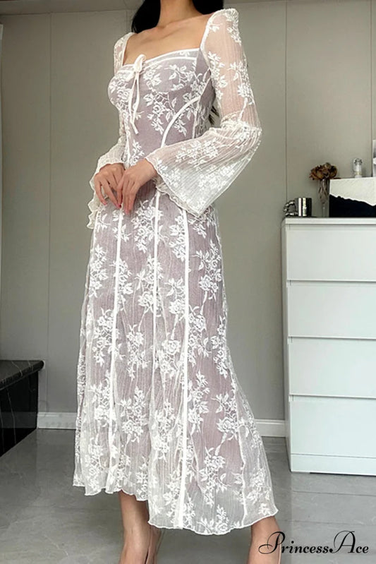 Lace Tie-up Flares Sleeve Midi Dress White / M